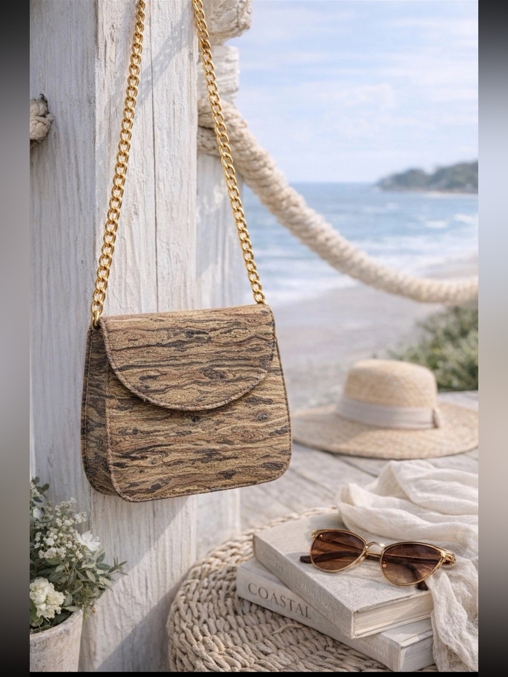 J. Renee Wood Grain Clutch Crossbody Gold Chain Mini Evening Bag Coastal